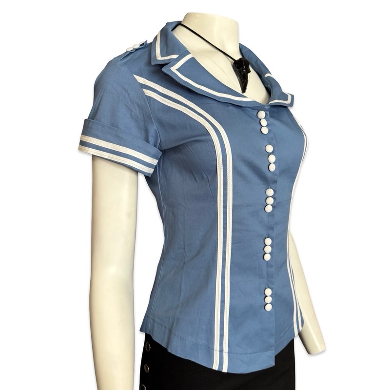 Voodoo Vixen Retro Vintage Look Blue Short Sleeve Flight Attendant Top Shirt