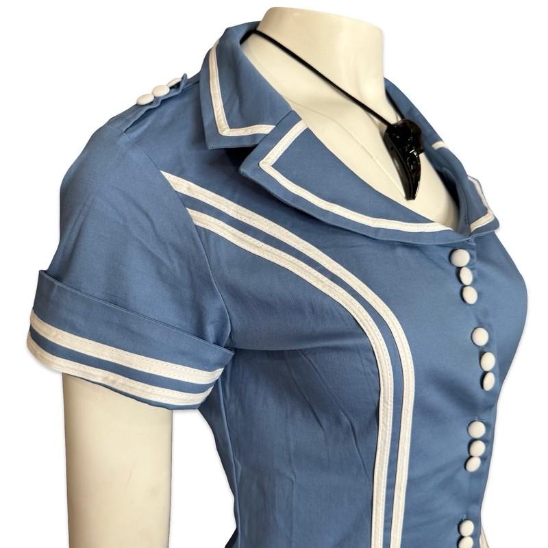 Voodoo Vixen Retro Vintage Look Blue Short Sleeve Flight Attendant Top Shirt