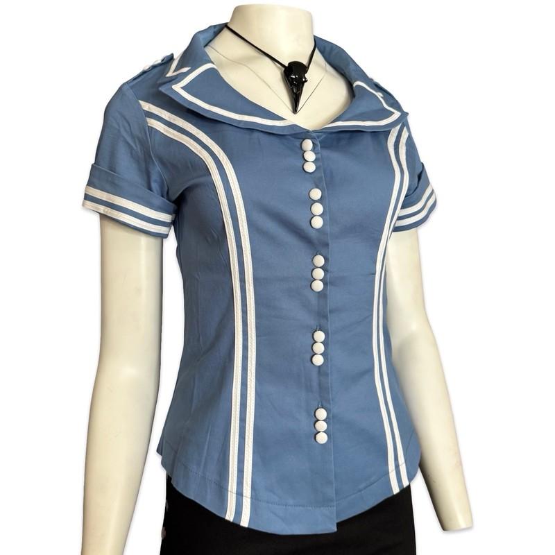 Voodoo Vixen Retro Vintage Look Blue Short Sleeve Flight Attendant Top Shirt