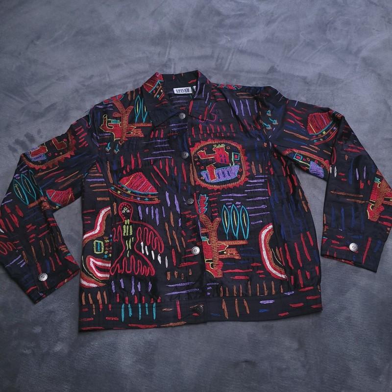 Vtg Aztec Native American Thunderbird Chico’s Designs Medium Silk Button Jacket
