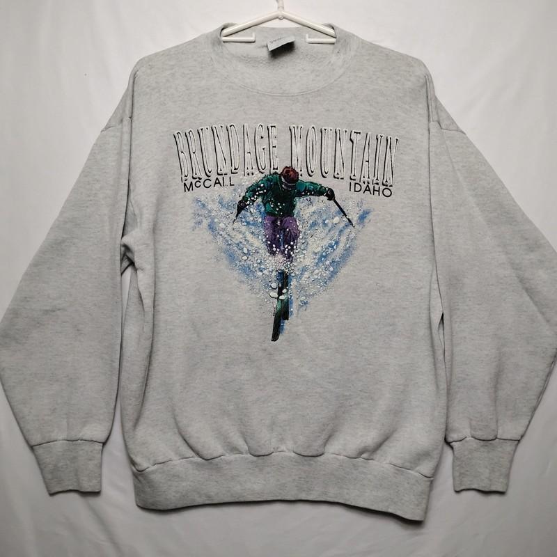 Vtg Brundage Mountain Pullover Sweat Shirt L Gray Crewneck McCall ID Ski Resort