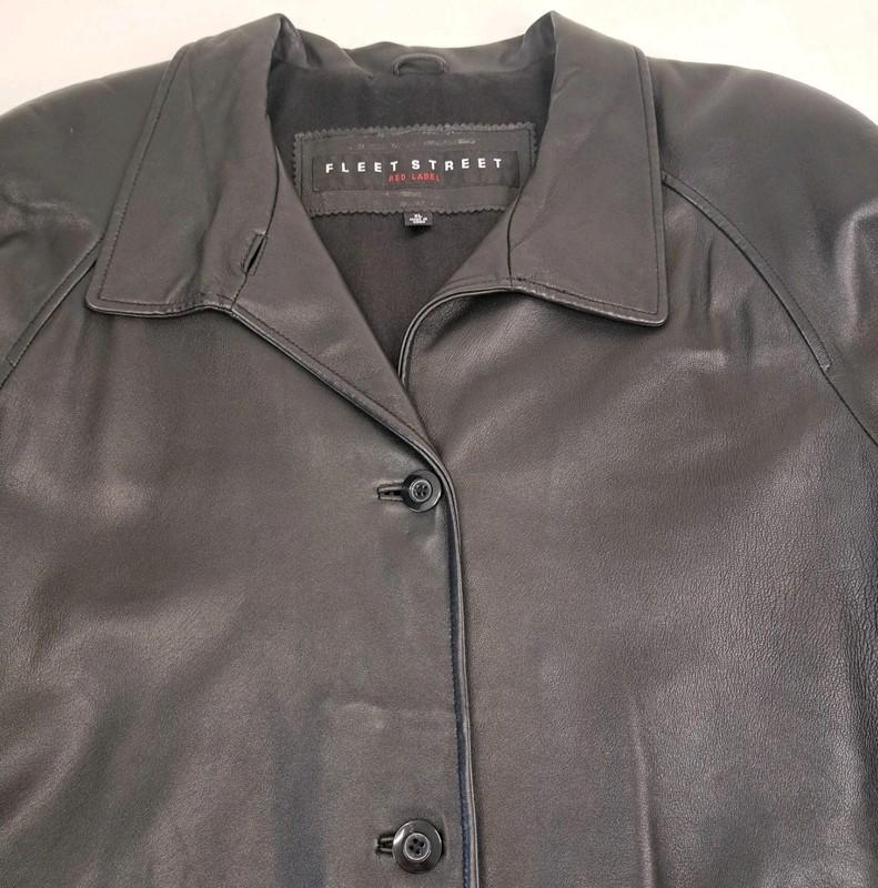 Vtg Fleet Street Red Label Black 100% Genuine Leather Coat Womens XL Jacket 34"L