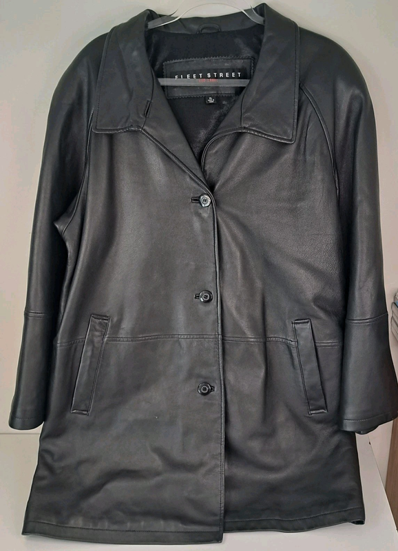 Vtg Fleet Street Red Label Black 100% Genuine Leather Coat Womens XL Jacket 34"L