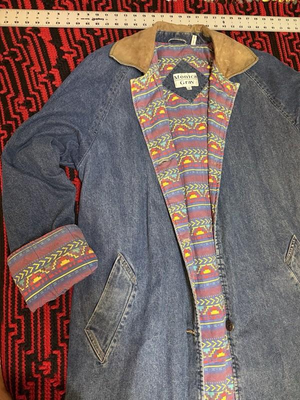 Vtg Monica Gray Denim Trench Coat Womens 14T Jean Jacket Leather Collar Pockets