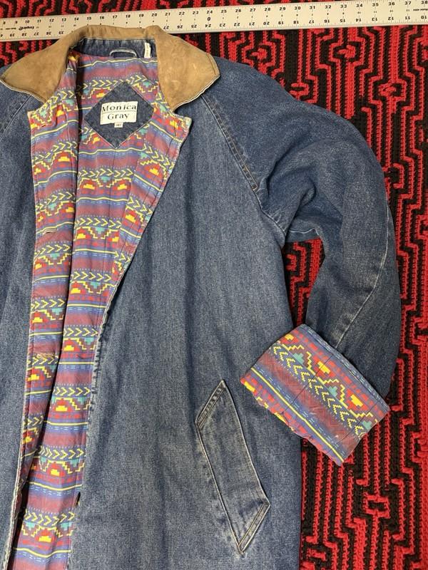 Vtg Monica Gray Denim Trench Coat Womens 14T Jean Jacket Leather Collar Pockets