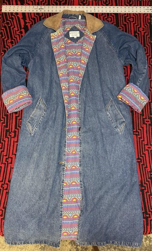 Vtg Monica Gray Denim Trench Coat Womens 14T Jean Jacket Leather Collar Pockets