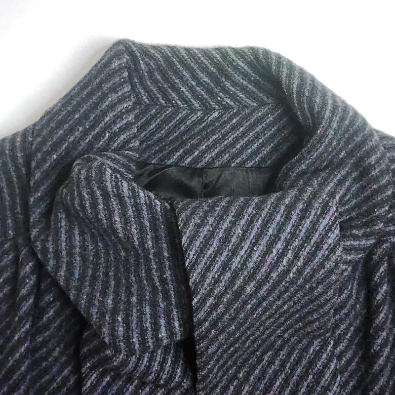 Vtg Tweed Wool Fringe Scarf Coat Women's L Black Purple Blue Striped Retro Femme