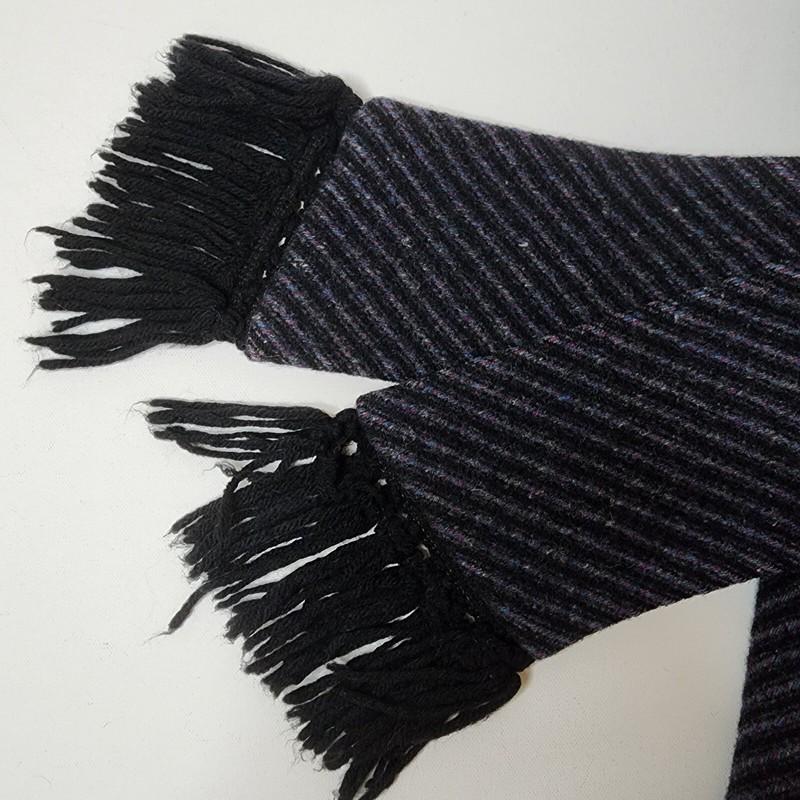 Vtg Tweed Wool Fringe Scarf Coat Women's L Black Purple Blue Striped Retro Femme