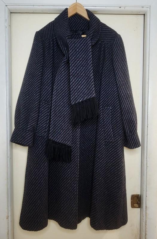Vtg Tweed Wool Fringe Scarf Coat Women's L Black Purple Blue Striped Retro Femme
