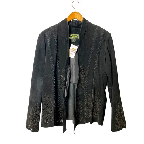 VTG Women's Western Jacket Black Leather Size Large Eyelet Design Western Goth