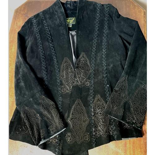 VTG Women's Western Jacket Black Leather Size Large Eyelet Design Western Goth