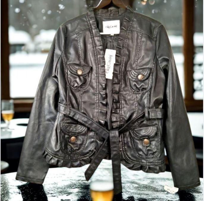 VTG Womens XL Vegan Black Leather Jacket Ruffle Belt Oleg Cassini Retail $68 NOS