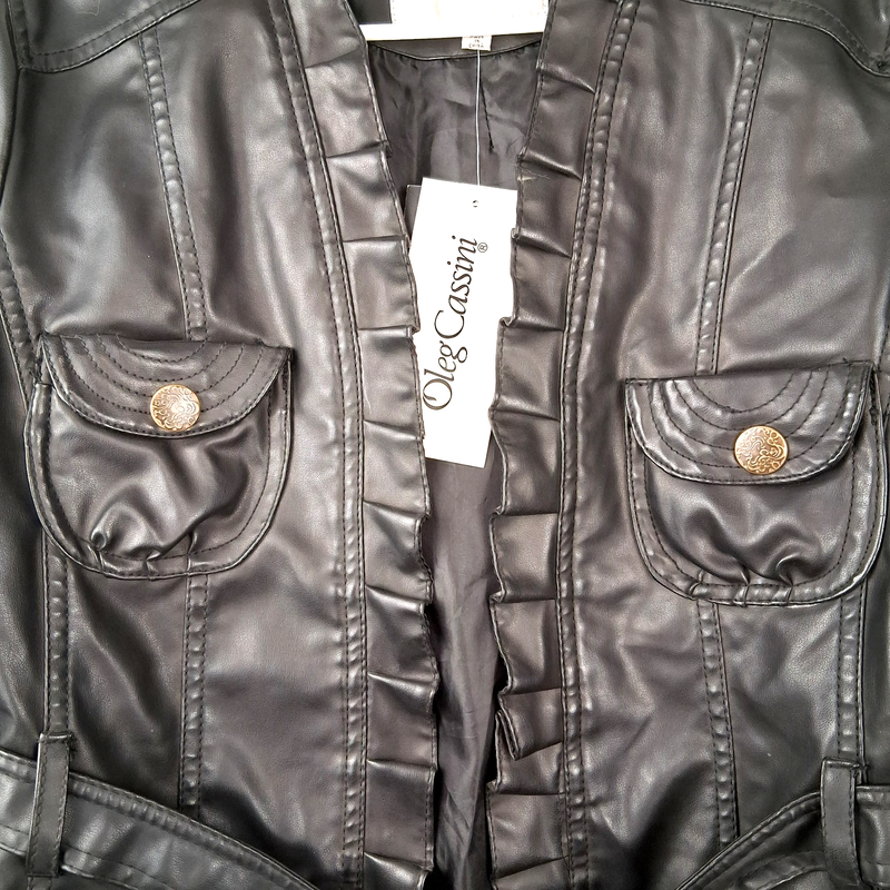 VTG Womens XL Vegan Black Leather Jacket Ruffle Belt Oleg Cassini Retail $68 NOS