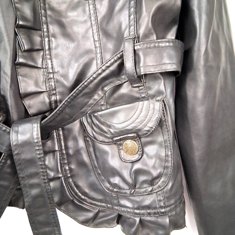 VTG Womens XL Vegan Black Leather Jacket Ruffle Belt Oleg Cassini Retail $68 NOS