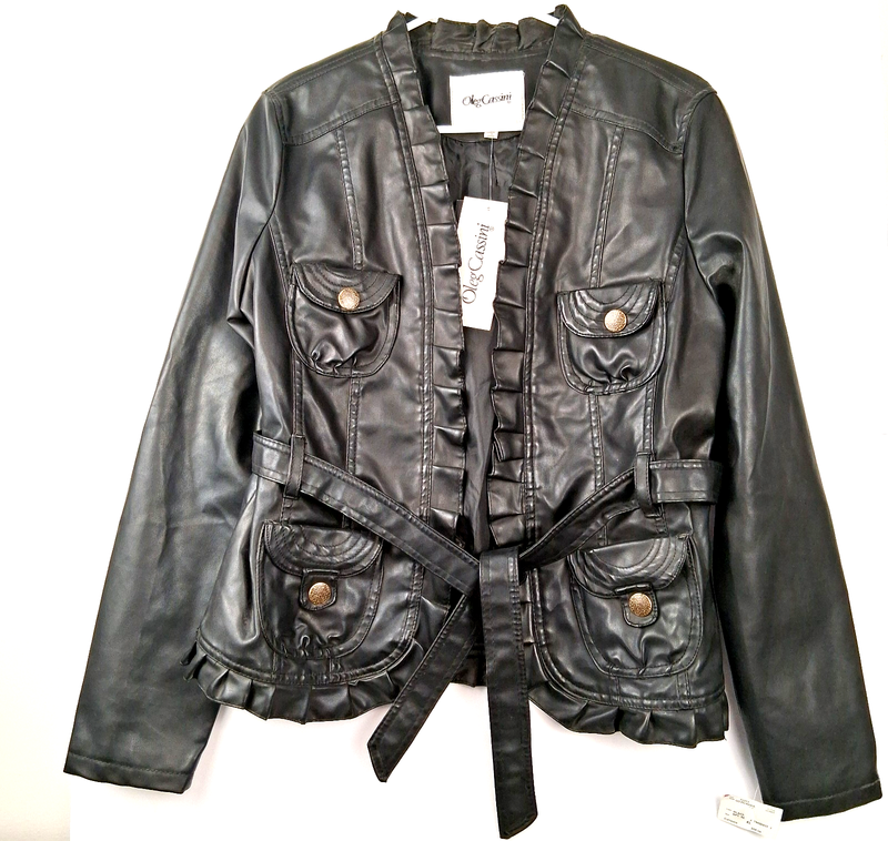 VTG Womens XL Vegan Black Leather Jacket Ruffle Belt Oleg Cassini Retail $68 NOS