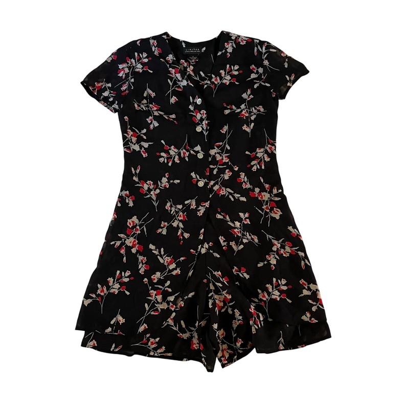 Vtg Y2K 2000s Black Red Floral Button Up Romper Sz XS Cottagecore Fairy Grunge
