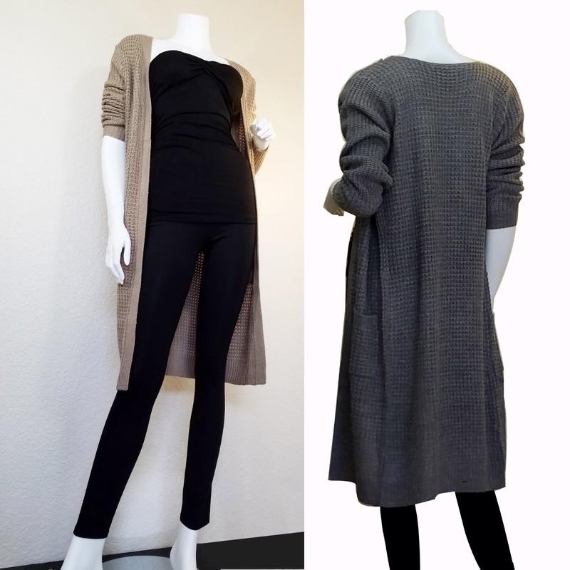 Waffle Duster Long Open Front Knit Cardigan w/Pockets Sweater Coat (S-3XL)