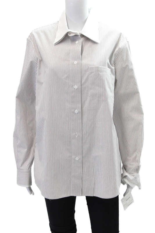 WE-AR4 Womens Cotton Long Sleeve Striped The Double Shirt Brown White Size M