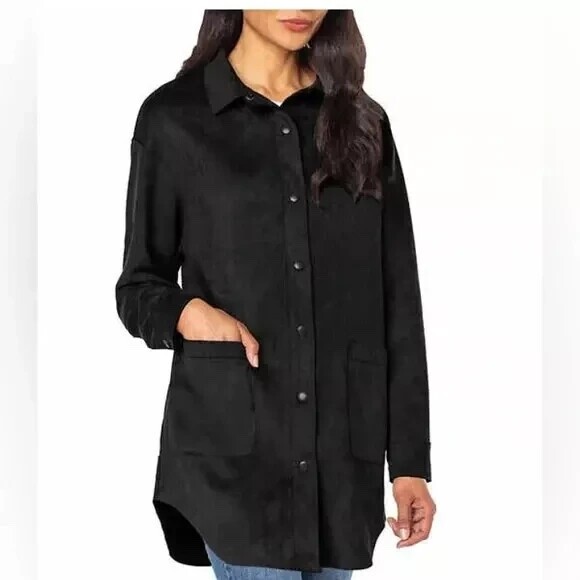 Well Worn Faux Suede Black Jacket Shirt Oversized Snap Up Women's XL