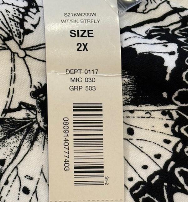 Westbound Woman 100% Cotton 3/4 Sleeve Pullover Size 2X - White-Black Butterflie