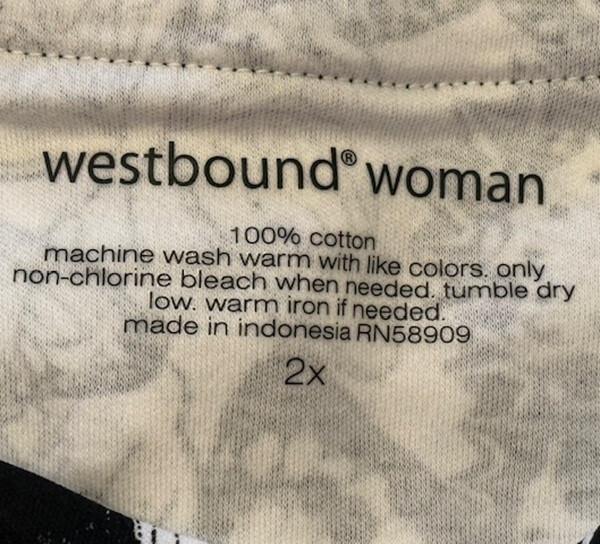Westbound Woman 100% Cotton 3/4 Sleeve Pullover Size 2X - White-Black Butterflie