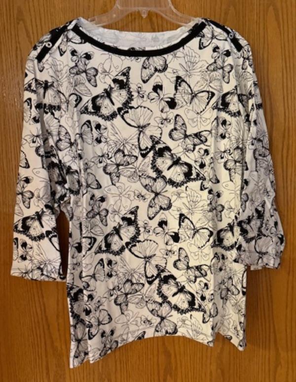 Westbound Woman 100% Cotton 3/4 Sleeve Pullover Size 2X - White-Black Butterflie