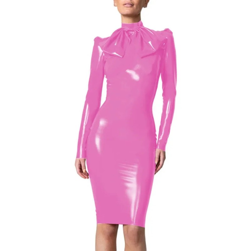 Wetlook PVC Dress Full Sleeve Sheath Dress Big Bow Mock Neck Bodycon Madi Dress