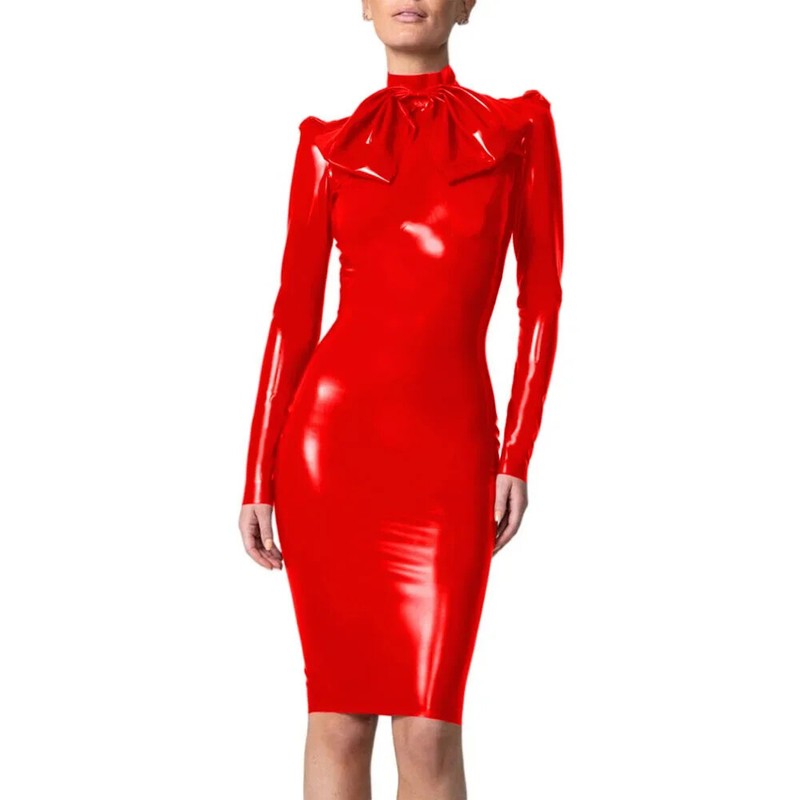 Wetlook PVC Dress Full Sleeve Sheath Dress Big Bow Mock Neck Bodycon Madi Dress