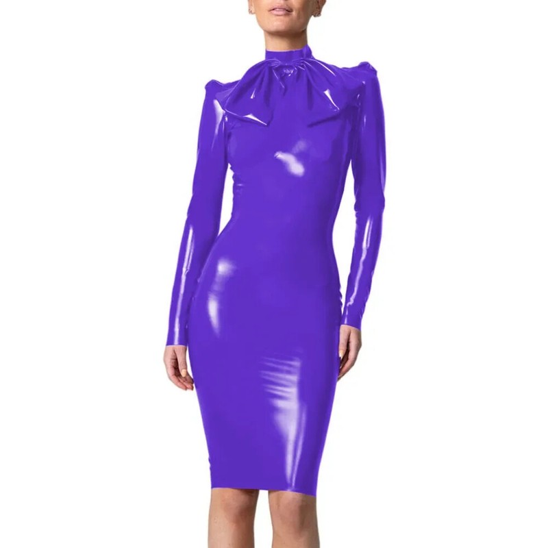 Wetlook PVC Dress Full Sleeve Sheath Dress Big Bow Mock Neck Bodycon Madi Dress