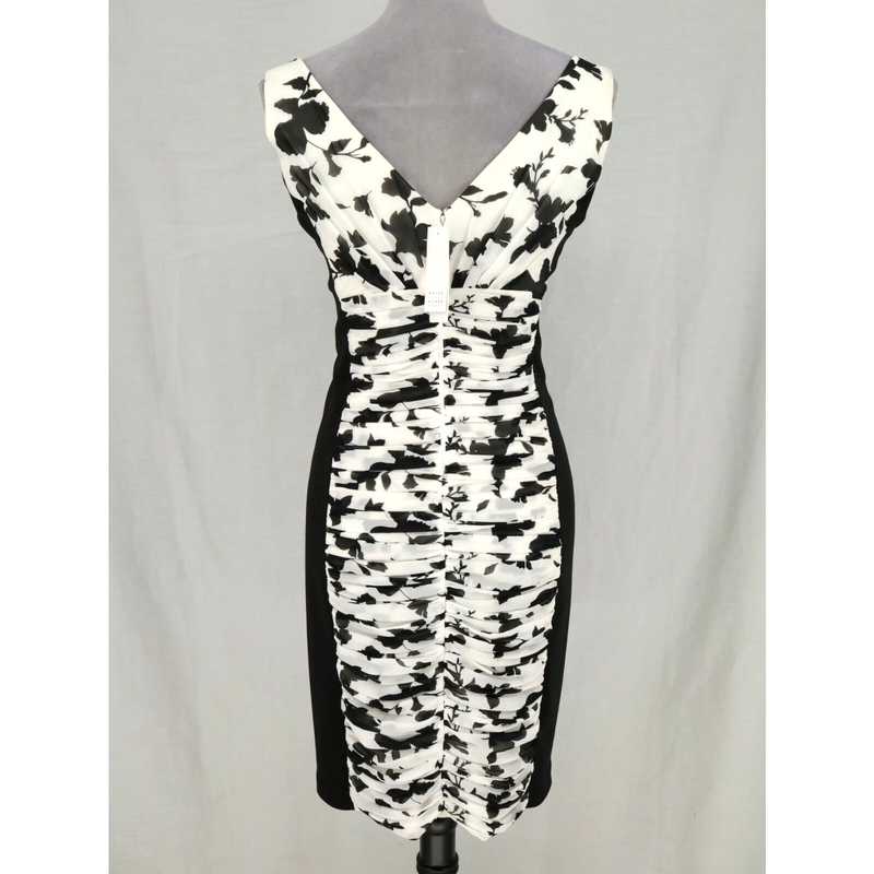 WHBM Dress Womens 4 Black White Floral Ruched Chiffon Zip Lined Colorblock New