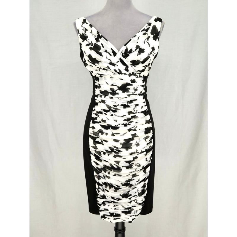 WHBM Dress Womens 4 Black White Floral Ruched Chiffon Zip Lined Colorblock New