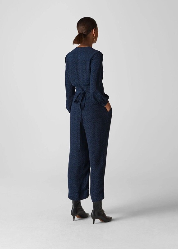 Whistles Animal Jacquard Wrap Jumpsuit UK 10 Navy Blue Leopard RRP 189 Pockets