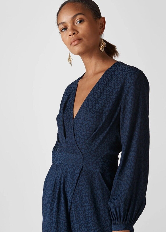 Whistles Animal Jacquard Wrap Jumpsuit UK 10 Navy Blue Leopard RRP 189 Pockets