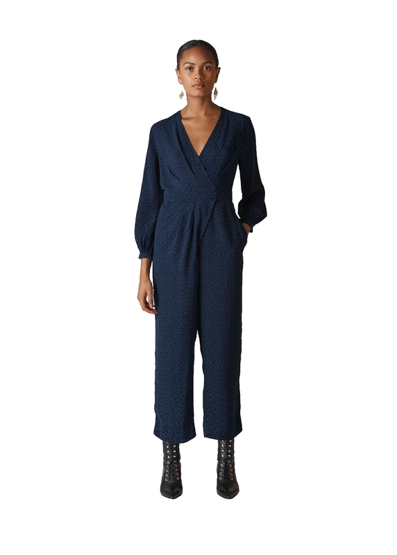 Whistles Animal Jacquard Wrap Jumpsuit UK 10 Navy Blue Leopard RRP 189 Pockets