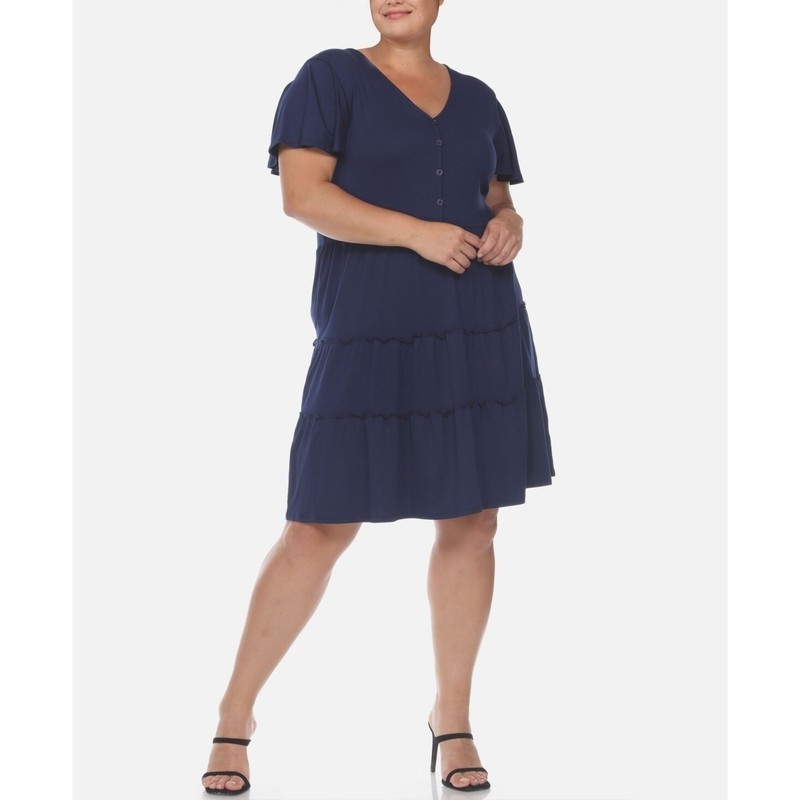 White Mark Dress Womens 2XL Navy Blue Tiered V Neck Short Sleeve Casual NWT