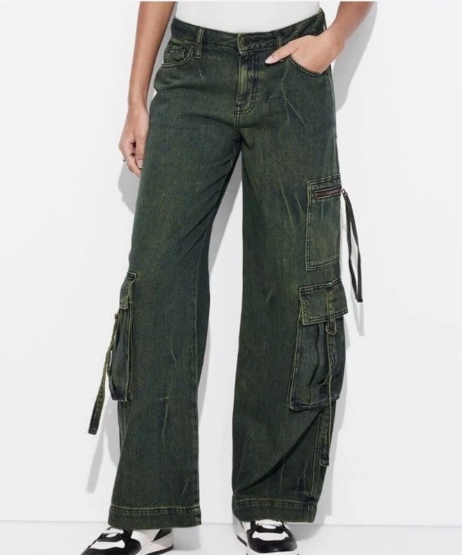 Wild Fable Green Washed Denim Cargo Jeans Size 8 Mid Rise Wide Leg Ret. $34