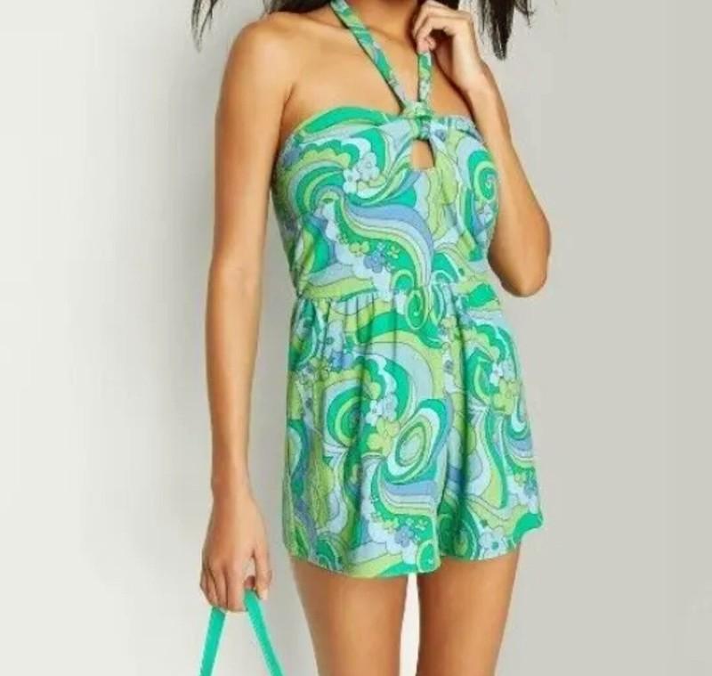 Wild Fable Women Blue Swirl Halter Cover Up Terry Romper Jumpsuit XXL