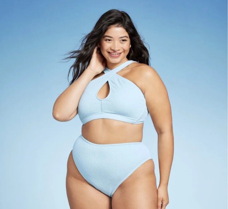 Wild Fable Women's 1X Bikini Top Blue Cross Front Halter Pucker Textured New