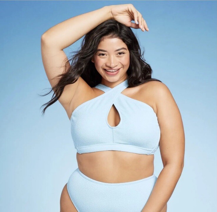 Wild Fable Women's 1X Bikini Top Blue Cross Front Halter Pucker Textured New