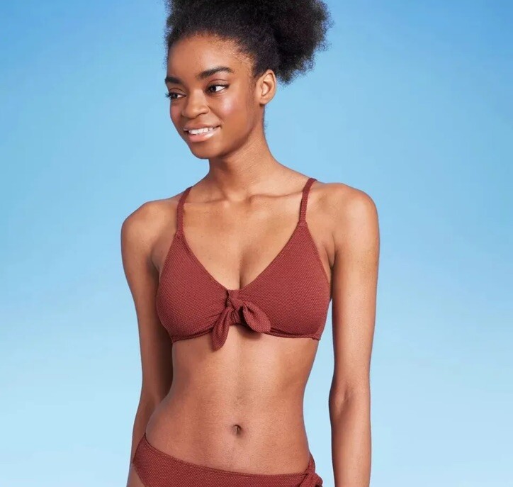 Wild Fable Women's XS Bikini Top Brown Tie Front Pique Textured Bralette NWOT
