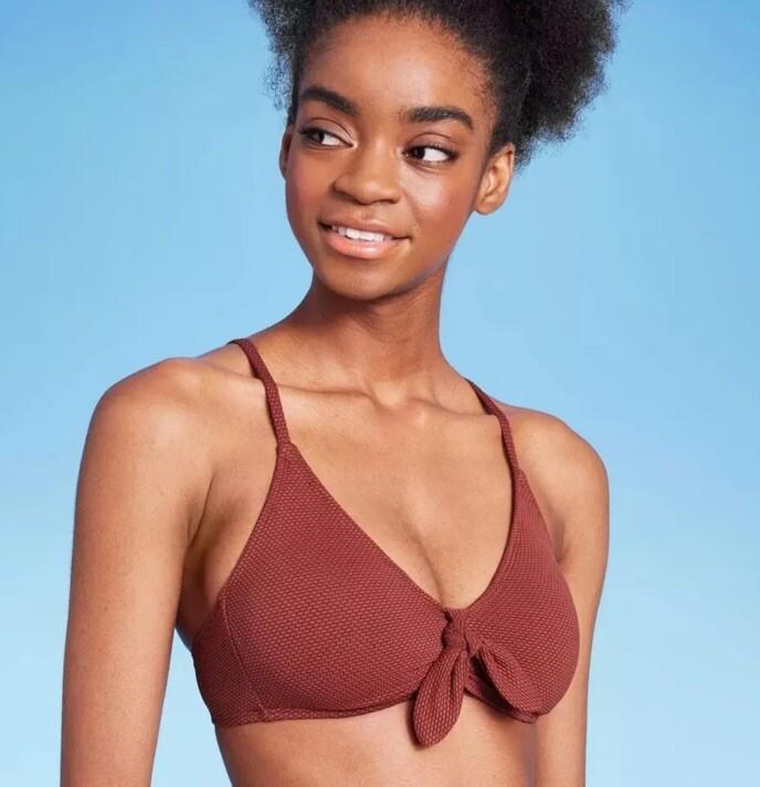 Wild Fable Women's XS Bikini Top Brown Tie Front Pique Textured Bralette NWOT