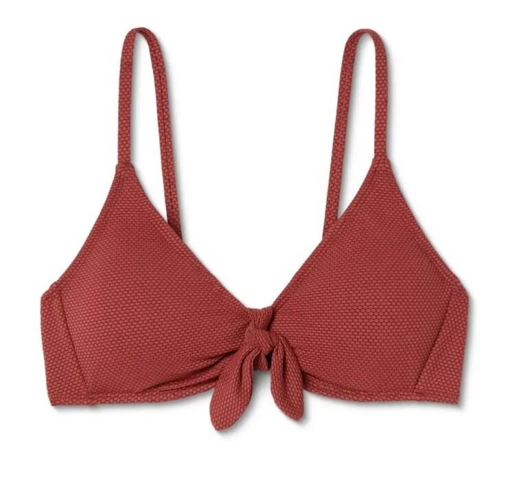 Wild Fable Women's XS Bikini Top Brown Tie Front Pique Textured Bralette NWOT