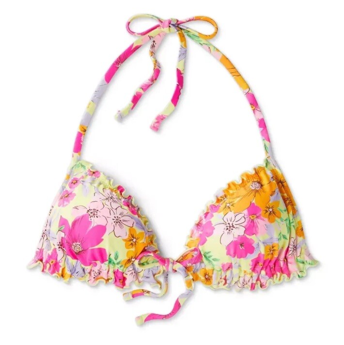 Wild Fable Women's XS Bikini Top Floral Triangle Tie-Front Ruffle Multi NWOT