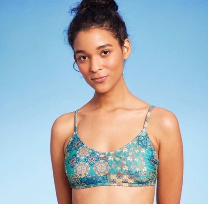 Wild Fable Women’s XXS 00 Bikini Top Blue Patchwork Print Scoop Bralette New