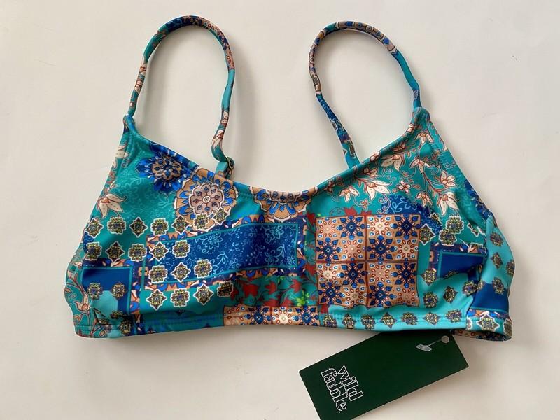 Wild Fable Women’s XXS 00 Bikini Top Blue Patchwork Print Scoop Bralette New