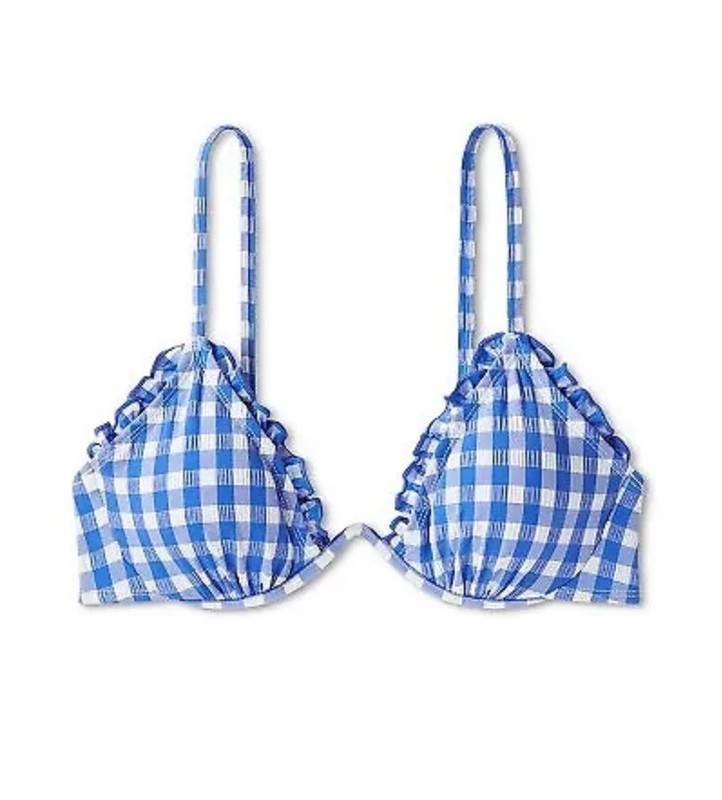 Wild Fable Women's XXS 00 Bikini Top Blue White Plaid Underwire Ruffle Trim New