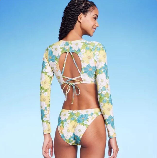 Wild Fable Women's XXS 00 Swim Top Blue Floral Lace-Up Back Rash Guard New