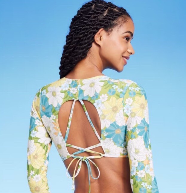 Wild Fable Women's XXS 00 Swim Top Blue Floral Lace-Up Back Rash Guard New