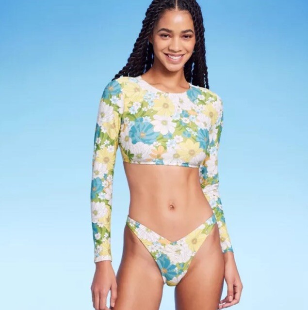 Wild Fable Women's XXS 00 Swim Top Blue Floral Lace-Up Back Rash Guard New