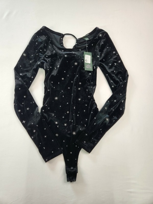 Wild Fable Womens Black Velour Galaxy One Shoulder Open Back Bodysuit Size M Fun